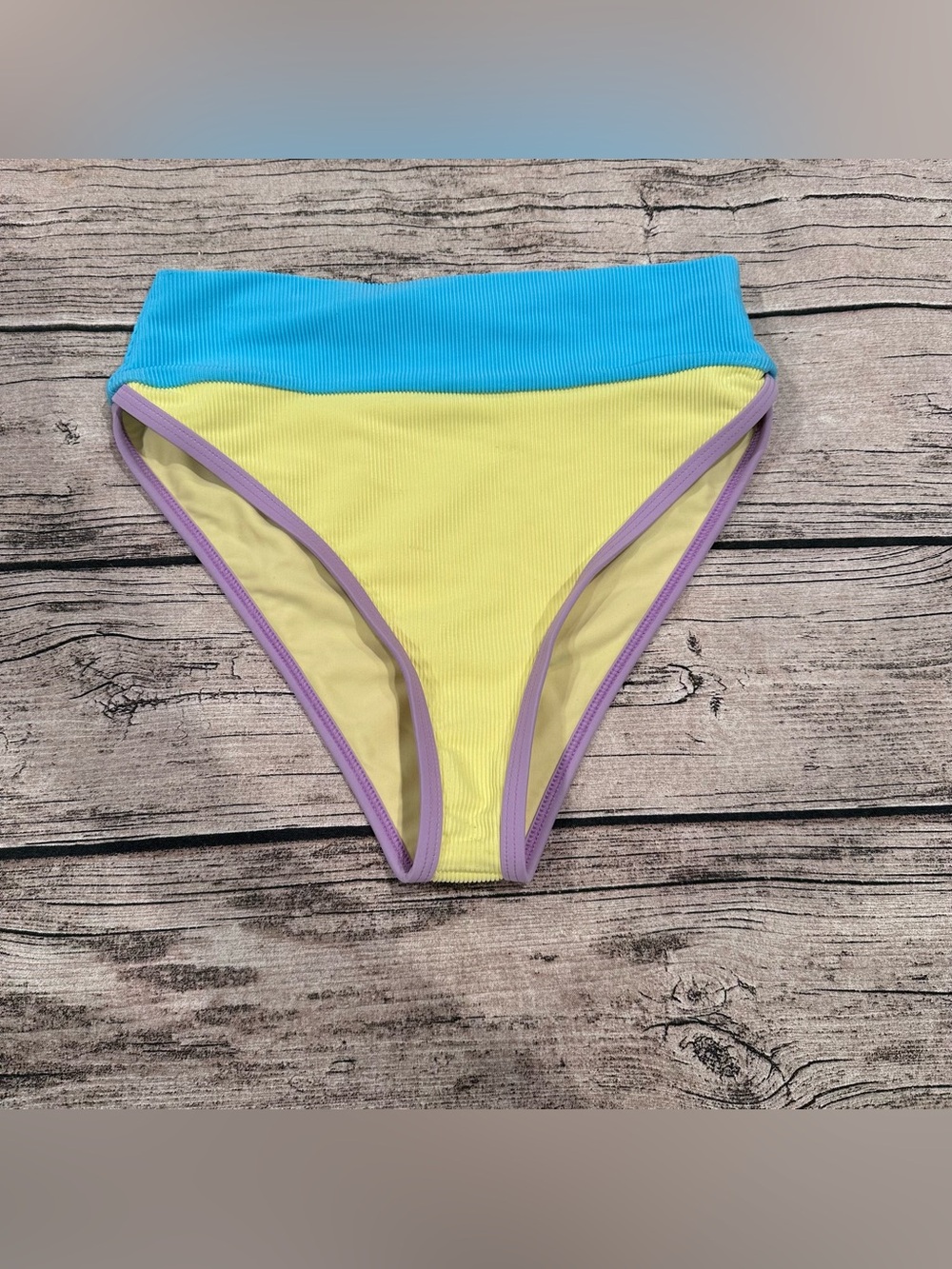 LainSnow Ribbed Swim Bottoms in Yellow, Blue, and Purple; High Waist Size Medium